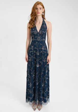 Beauut Embellished Sequin Beaded Maxi Dress With Halter Neck With Deep V-Cut in Navy at Nordstrom, Size 10