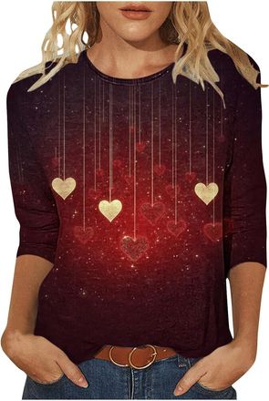 Generic 3/4 Sleeve Tops for Women UK Ladies Casual Summer Plus Size Tops Spring Dressy Elegant Blouses Tunic Top Heart Print Three Quarter Sleeve Valentines D