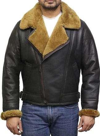 Brandslock Men Aviator Real Shearling Sheepskin Leather Bomber Flying Jacket (L, Brown)