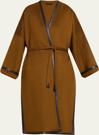 Brioni Leather-Trim Cashmere Oversized Wrap Coat
