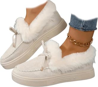 Generic Womens Winter Flat Boots Warm Durable Shoes With Fur,Cozy Bowknot Fleece Lining,Slip Resistant Indoor Outdoor Cozy Fleece Lined House Boots, Comfortab