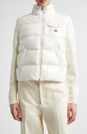Moncler Mixed Media Quilted Down Puffer Cardigan in Silk White at Nordstrom, Size Xx-Large