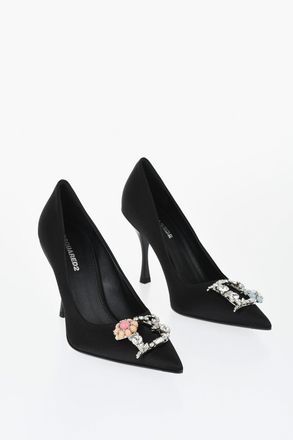 Dsquared2 Satin Pumps with Metal Monogram Embellished with Crystals, 10 cm Heel Dsquared2