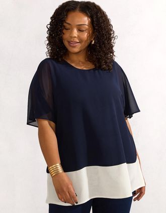 Live Unlimited London Womens Navy Colour Block Overlay T-shirt - Size: 14