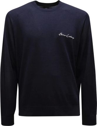 Armani Round-neck Knitwear, male, Blue, Size: 2XL Wool Blend Crew Neck Sweater with Chest Logo