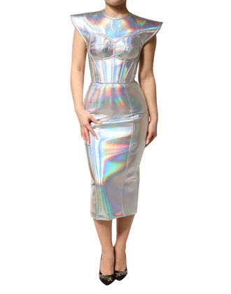 Dolce & Gabbana Silver Iridescent Bodycon Sheath Midi Womens Dress
