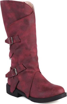 Generic Womens Buckles Western Cowgirl Mid Calf Boots Side Zipper Vintage Winter Casual Shoes (5.5,Red)