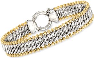 Ross-Simons Two-Tone Sterling Silver Cuban and Bead-Link Bracelet
