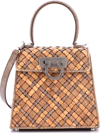 Ferragamo Gancini Earth Convertible Top Handle Bag Woven Cork Mini