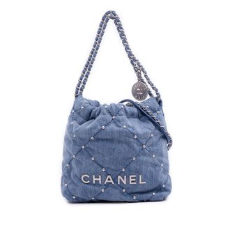 Chanel Blue Mini Denim Studded 22 Bag
