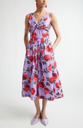 Carolina Herrera Rose Print Stretch Poplin A-Line Midi Dress in Violeta Multi at Nordstrom, Size 12