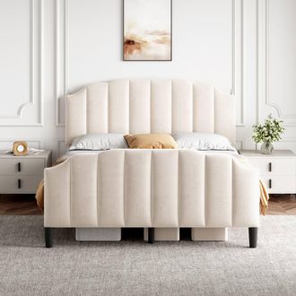 Merax 4ft6 Double Velvet Upholstered Bed with Channel-Tufted Headboard in Beige