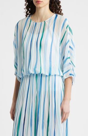 Cloth & Stone Stripe Pleated Dolman Sleeve Top in Sea Glass Brush Stroke at Nordstrom, Size X-Large