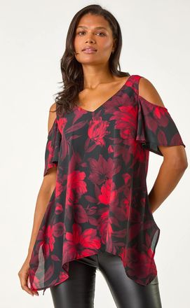 Roman Floral Print Cold Shoulder Asymmetric Top
