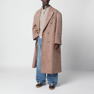 Ami Cappotto lungo marrone/avorio in lana a spina di pesce