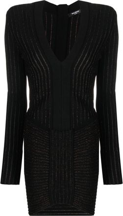 Balmain ribbed V-neck mini dress - women - Polyester/Viscose - 40 - Black