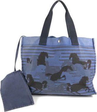 Herm&egrave;s Black Blue Cotton Handbag Pouch Shoulder Bag Tote Bag (Pre-Owned)