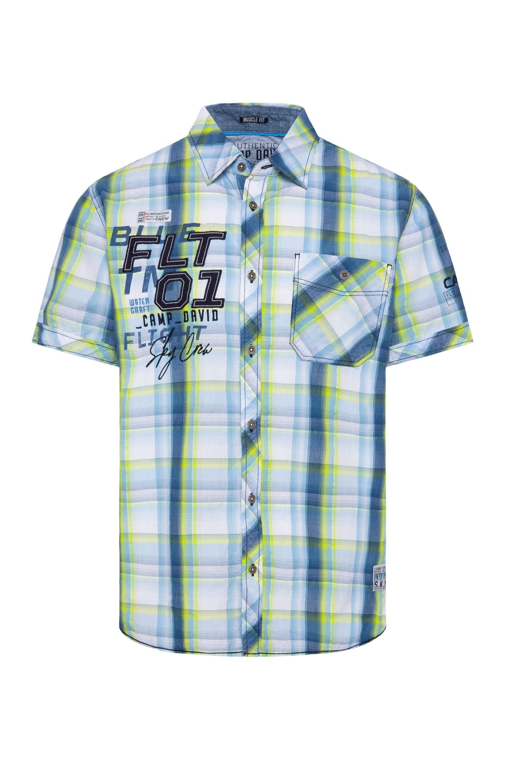 Camp David Herren Kurzarmhemd - Jacquard Denim Look Mit Wascheffekten