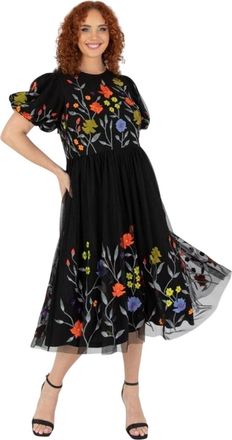 Maya Midi-jurk voor dames met bloemenprint, ronde hals en pofmouwen (Zwart)