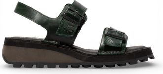 FLY London Fly London Womens HEIF558FLY Petrol Green Leather Wedge Buckle Sandals