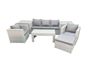 Fimous Rattan Garden Furniture Set 7 Pieces Outdoor Garden Sofa Oblong Coffee Table Set with 2 Chairs 2 Side Tabes Stool Light Grey Mixed