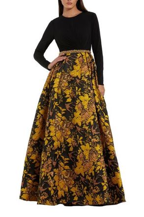 Mac Duggal High Neck Long Sleeve Jersey And Brocade Ballgown in Black Gold at Nordstrom, Size 12