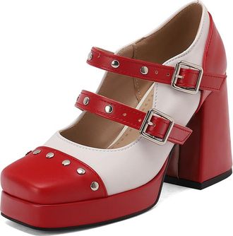 Generic Womens Platform Chunky High Heel Pumps Fashion Square Toe Studded Decor Ankle Strap Buckle Mary Jane Court Shoes (5.5,Red)