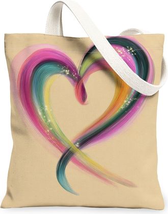Generic Artistic Heart Canvas Tote Bags, Vibrant Colorful Design Reusable Grocery Bags, Lightweight Washable Shoulder Strap Canvas, Beige, 13x15 Inch