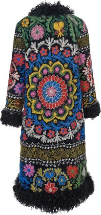 Zazi Indira Multicolor Coat With Fur Trims And All-Over Floral Motif In Cotton Woman