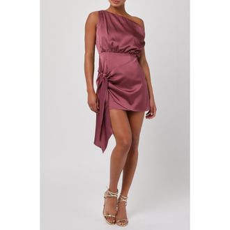 Lulus June One-Shoulder Tie Front Satin Minidress in Dark Mauve at Nordstrom Rack, Size Medium
