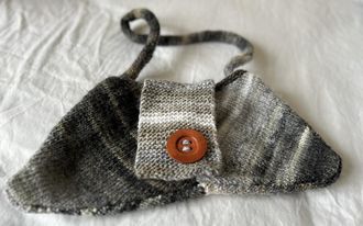 Generic Knitted Crossbody Bag, Grey Striped Pattern with Brown Button, Handcrafted Design
