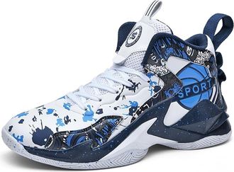 Generic Mens Fashionable Basketball Shoes High top Graffiti Anti Slip Casual Sports Training Boots Walking Shoes(Blue,4.5 UK)