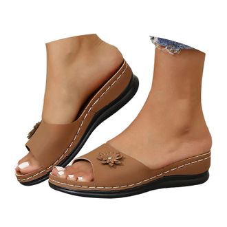 Generic Womens Floral Decor Platform Slide Sandals Chunky Heel Open Toe Slippers Comfortable Non Slip Sole for Casual Outing, Commute, Summer Beach (Brown, 6.