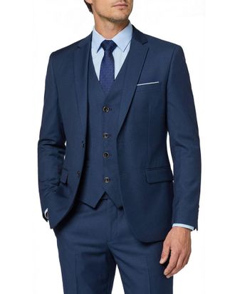 Mys Mens 3 Piece Slim Fit Suit Set with Tie, 2 Button Blazer Jacket Vest & Pants, Business Wedding Party Prom Suit for Men, Deep Blue, XXL