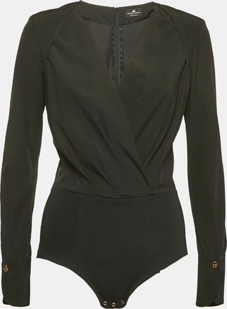 Elisabetta Franchi Black Crepe V-Neck Long Sleeve Bodysuit