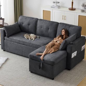 Direct Wicker 3-in-1 L Shaped Convertible Sofa Bed with Internal Storage Chaise in Dark Grey | Size: 1 Pack