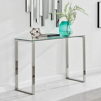 Furniturebox Miami Modern Rectangular Clear Glass Console Table with Square Silver Chrome Metal Legs for Minimalist Living Room or Hallway