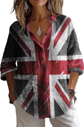 Generic Womens Union Jack Long Sleeve Shirt, Great Britain Flag Print, Button Down Casual Top (UK, Alpha, 5XL, Regular, Regular, 11)