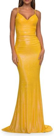 La Femme Metallic Prom Dress with Ruching and Illusion Back in Yellow at Nordstrom, Size 00