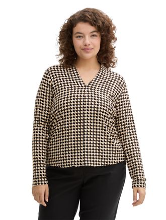 Tom Tailor Langarmshirt TOM TAILOR PLUS, Damen, Gr. 46, beige (beige geometric minimal), Single Jersey, Obermaterial: 95% Viskose, 5% Elasthan, gemustert, regula