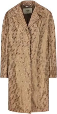 Fendi Single-Breasted Coats, female, Beige, Size: XS Stylish Jacquard Trench Coat