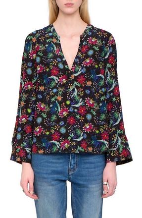 Zadig&Voltaire Torny Virgin Garden Print Split Neck Top in Encre at Nordstrom, Size X-Small