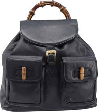 Gucci Vintage Bamboo Leather Black Leather Backpack Bag (Pre-Owned)