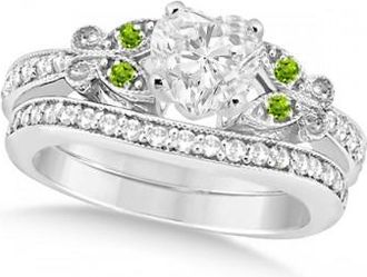 Allurez Heart Diamond & Peridot Butterfly Bridal Set in 14k W Gold (1.71ct)