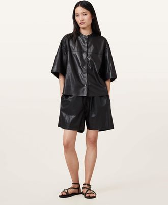 AllSaints Lamb Leather Arla Lea Leather Shorts, Size: UK 16/US 12