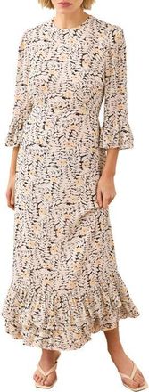 Mint Velvet Floral Print Ruffle Midi Dress in Black at Nordstrom, Size 14