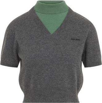 Miu Miu Grey Solid V Neck Sweater