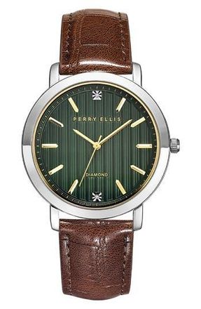 Perry Ellis Ultrathin Diamond Leather Strap Watch, 42mm in Silver at Nordstrom Rack