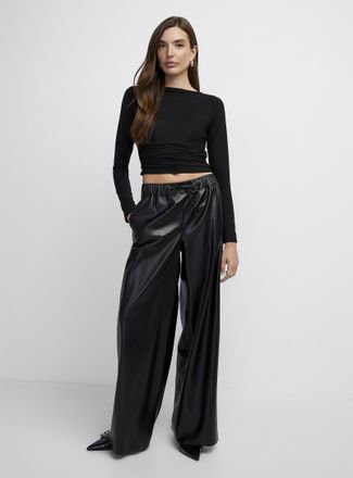 Icone Womens Soft faux-leather drawstring-waist wide pant