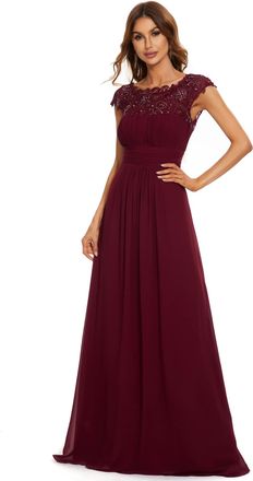 Ever-pretty Bridesmaid Dresses Womens Lacey Neckline Open Back Ruched Style Autumn Dresses Burgundy 10UK
